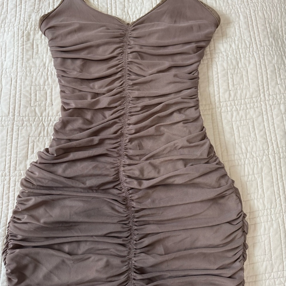 Chic Ruched Tan Mini Dress
